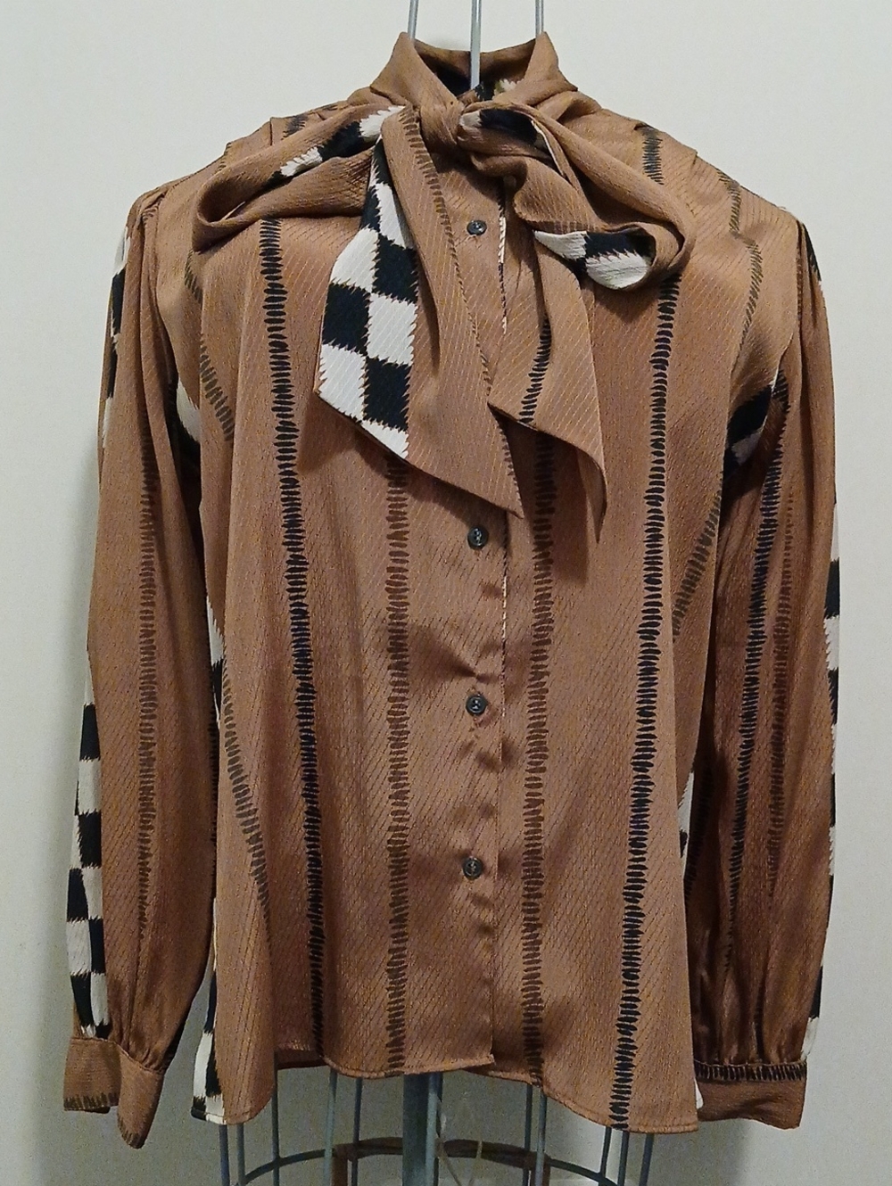 STUART LANG Vintage Women's Brown Striped Checkered Tie-Neck Blouse Sz 10